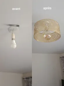 Montage avant-après d’un point lumineux : à gauche une douille nue pendant au plafond, à droite le luminaire posé et raccordé.